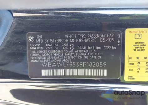 2009 BMW 335I из США, поврежденный, VIN WBAWL73539P182859